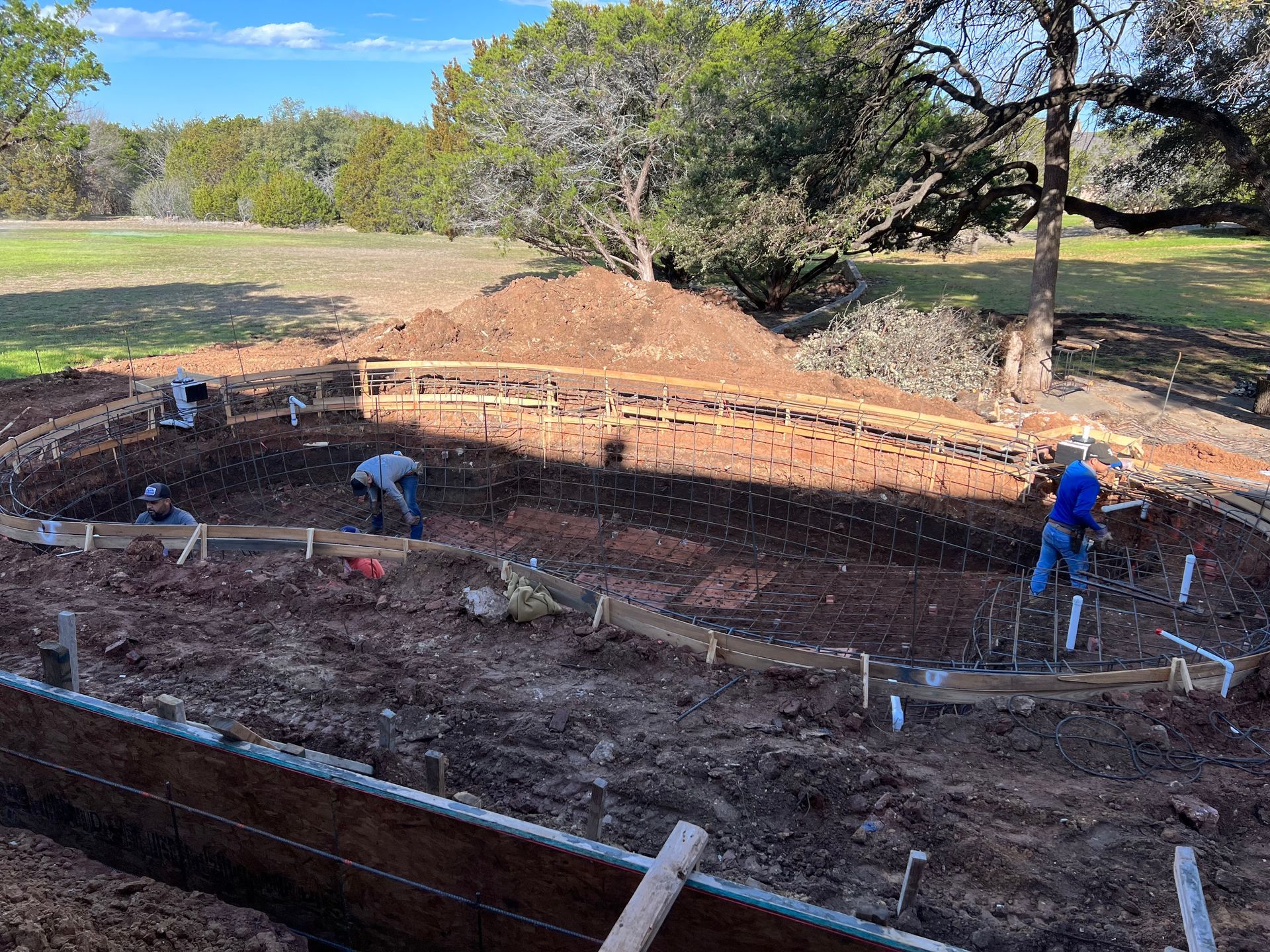 GoodTimes Gunite pool in progress — steel and shell phase, Johnson County, TX.